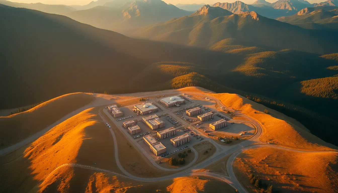 This aerial photograph presents a stunning view of a military base set against a backdrop of majestic mountains during a warm late afternoon. The golden light accentuates the contours of both the base's structures and the surrounding landscape, creating harmony between man-made and natural elements. The warm earth tones of the base contrast beautifully with the lush greens of the forest, enhancing the overall color richness. Leading lines from the roads guide the viewer's gaze through the layout of the base, adding depth and perspective.