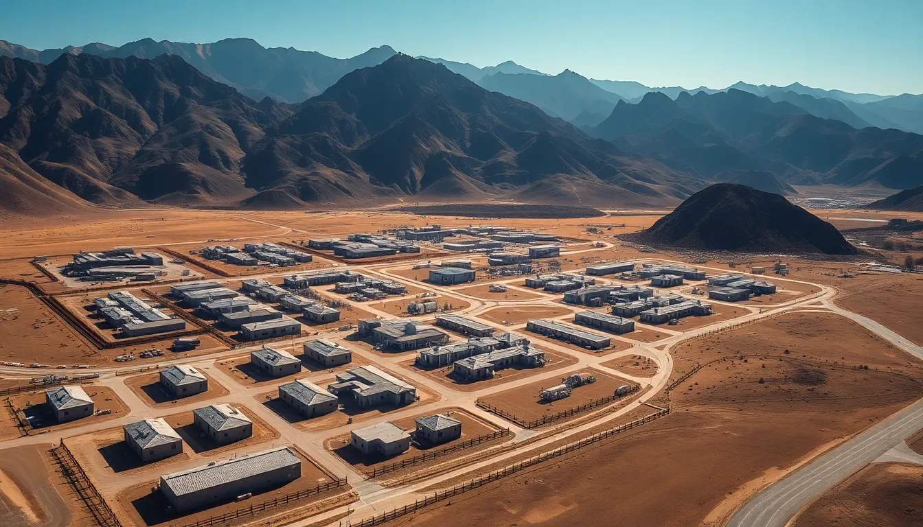 This panoramic image depicts a military base bustling with activity during a training exercise. Soldiers maneuver with equipment under a clear blue sky, creating a dynamic scene that highlights the energy of military operations. The use of vibrant colors enhances the overall mood, contrasting the deep greens and blues of the sky with the earthy tones of the base. The composition's leading lines from the tents and pathways effectively guide the viewer's focus across the action, showcasing the rigorous training environment.