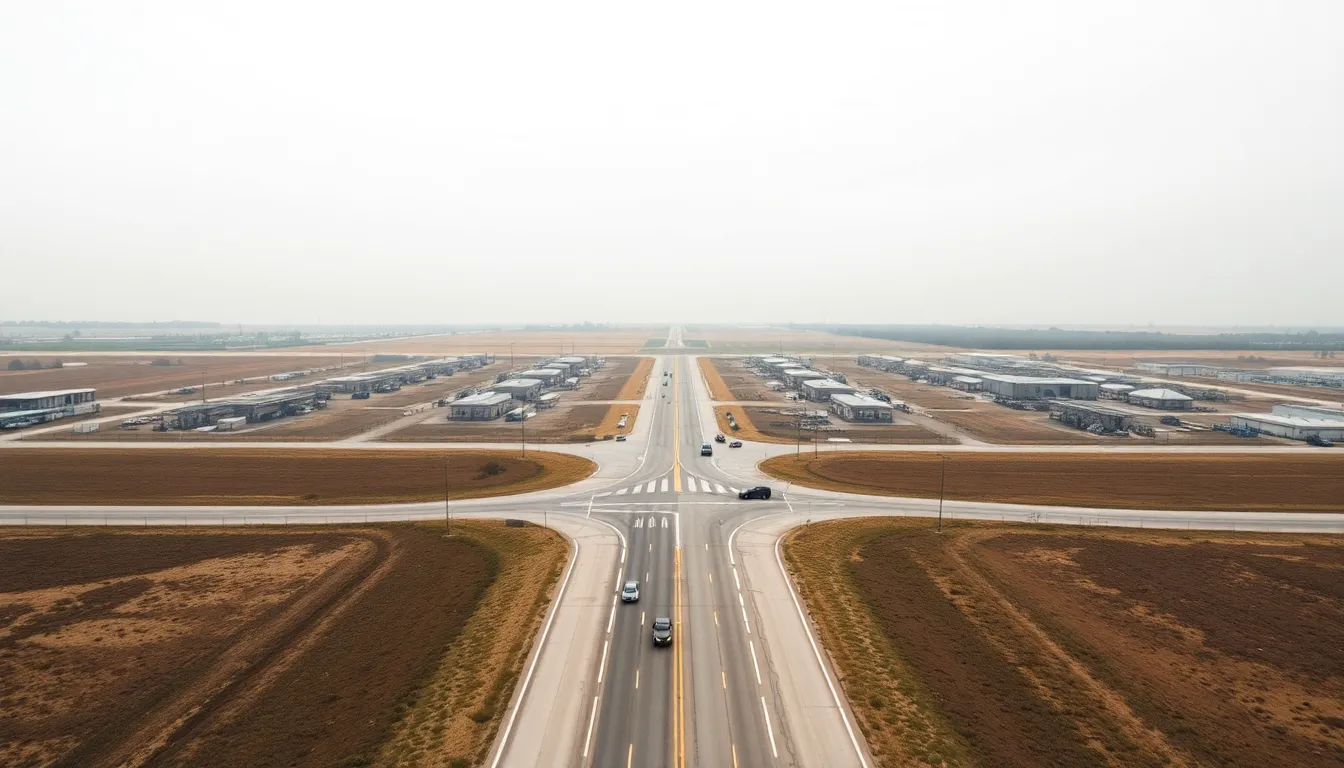 An aerial image showcases a military base during an active training exercise, with soldiers engaged in various drills on the rugged terrain. The bright midday sun creates dynamic shadows that enhance the textural qualities of the equipment and landscape. Rich greens and browns dominate the color palette, emphasizing the outdoor environment. The leading lines formed by the training area draw attention to the troops’ coordinated effort, creating a sense of movement and purpose.