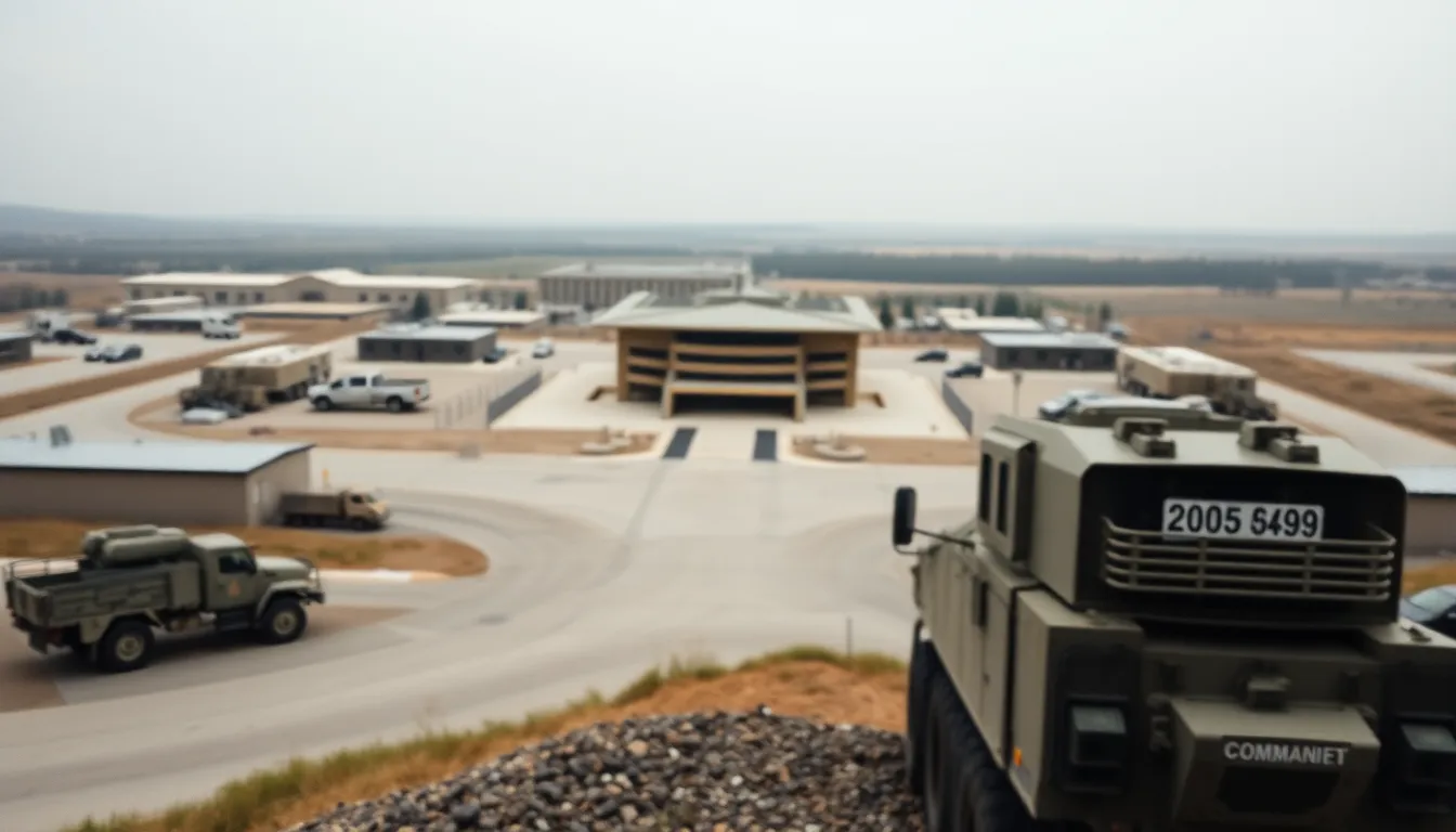 An elevated perspective of a bustling military base, highlighting the command center surrounded by various structures. The overcast sky provides a soft, diffused light, resulting in a calm atmosphere despite the activity below. Natural muted tones complement the military vehicles and buildings, creating an authentic representation of the base's daily operations. This striking image captures both the scale and intricacy of military installations.