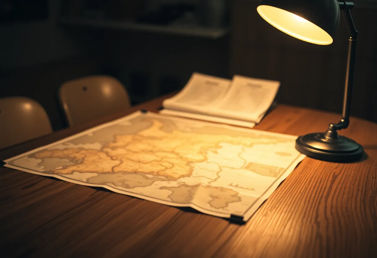 Inside a military command center, a detailed strategic map is illuminated by the warm glow of a tungsten lamp, nestled on a polished wooden table. This selective focus draws attention to the meticulous details of the map while the background softly blurs, creating intimacy and urgency. The inviting warmth of the wood grain contrasts with the serious tone of military planning, offering a glimpse into the decision-making process.