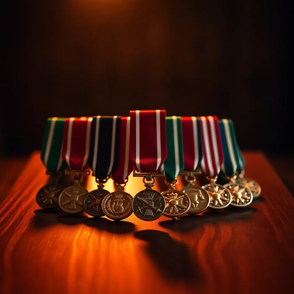 An intimate view of military medals meticulously arranged on a textured wooden display illuminated by warm tungsten lighting. The shallow depth of field softens the background, bringing focus to the intricate details of the medals, which glimmer in rich gold and red hues. This centered composition highlights the importance of bravery and service, evoking a strong sense of pride.