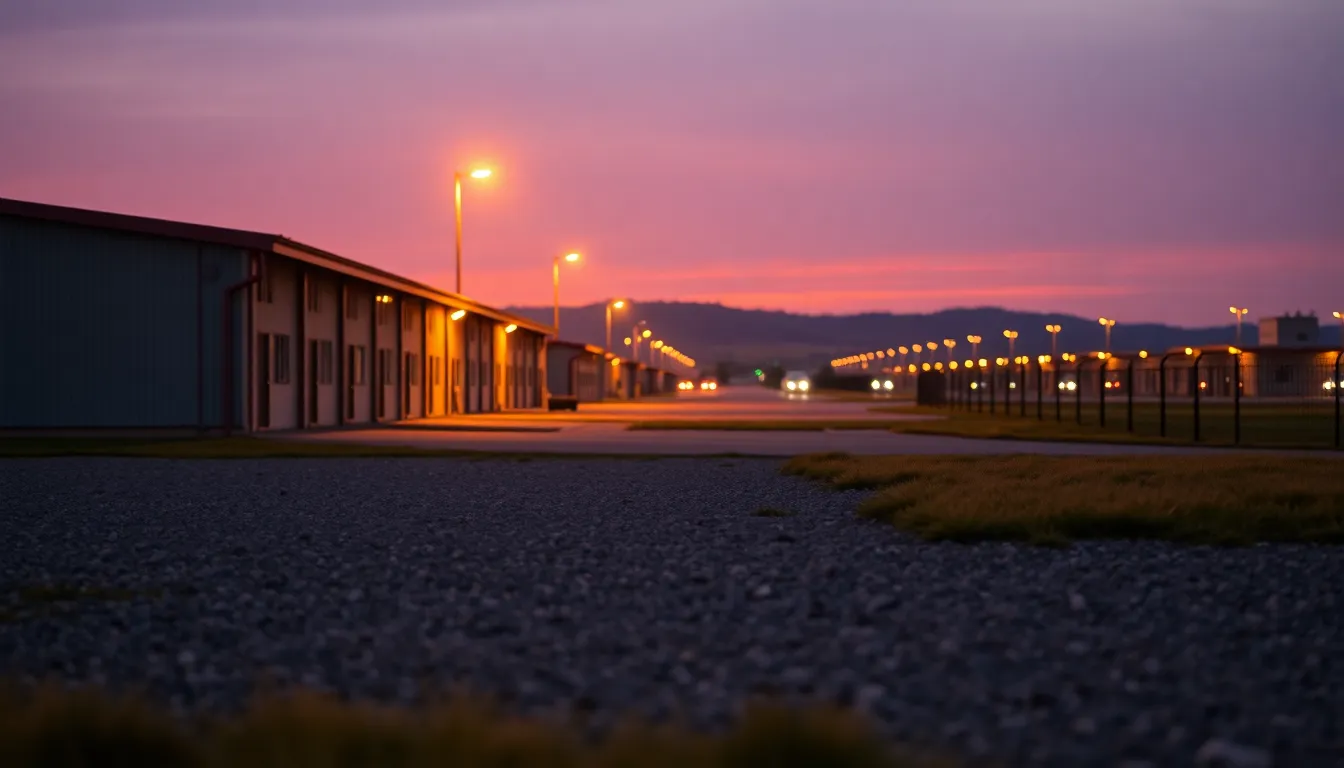 A stunning, hyper-realistic view of a military base captured during dusk. The golden hour light casts a warm glow over the barracks and perimeter fences, while the rich colors of the sunset create a dramatic backdrop. Textured gravel and sparse grass in the foreground add depth, and the composition effectively leads the viewer's eye through the scene. This image beautifully encapsulates the essence of military architecture and operational readiness.