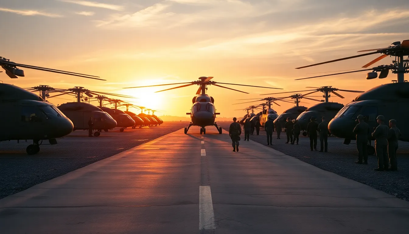 A breathtaking view of a military base captured at sunrise, with warm golden light illuminating the scene. Helicopters are lined up on the tarmac, while military personnel prepare for an upcoming mission. The atmosphere is filled with anticipation and camaraderie, displayed through the soldiers' focused expressions and their rugged uniforms. The image blends natural muted tones with the soft pastel colors of the early morning sky, creating a harmonious and professional look.
