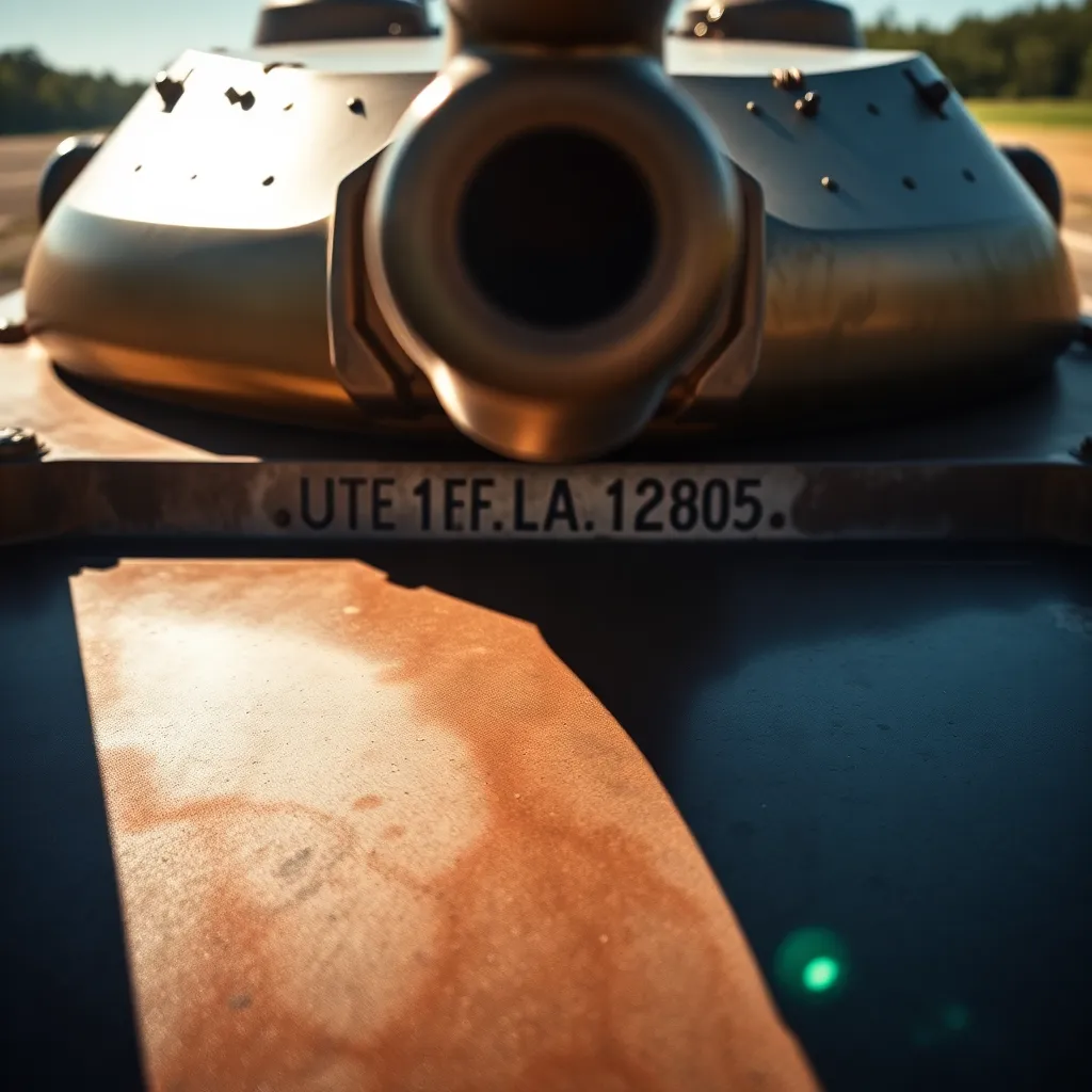 An intricate close-up of a polished military tank, reflecting meticulous detail and rugged texture. Captured in natural daylight, this image reveals the tank's surface with scratches and a unique patina, conveying a sense of history and durability. The warm metallic tones, inspired by Kodak Portra 400, invite viewers to appreciate the engineering behind military equipment. With a shallow depth of field, the background gently blurs into a creamy bokeh, making the tank the clear focal point.