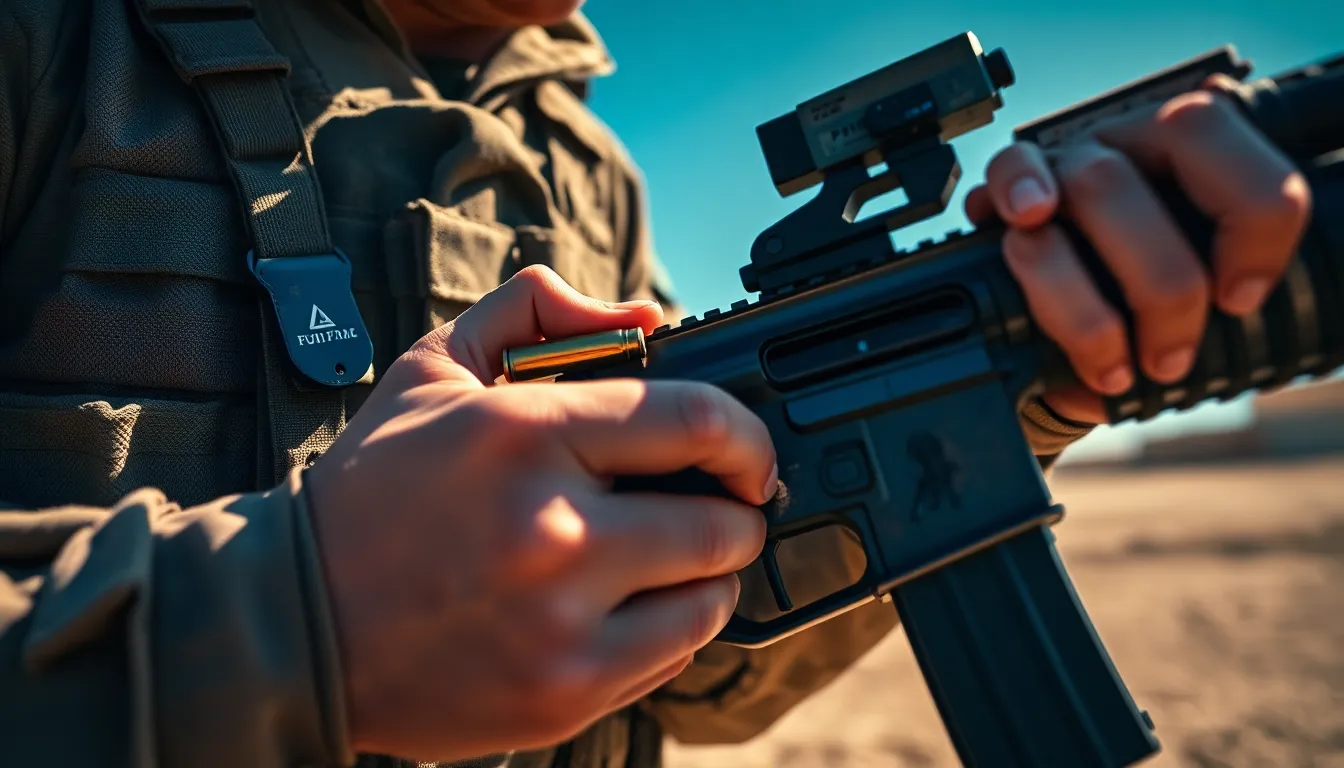 This detailed photograph showcases a soldier meticulously loading ammunition into his rifle at the armament testing zone of a military base. Captured on a bright sunny day, the vivid colors and strong contrasts bring the textures of his weathered metal gear to life. The selective focus captures the intensity of the moment while blurring the background into vibrant bokeh. The composition emphasizes the action, making it a striking representation of military preparedness.