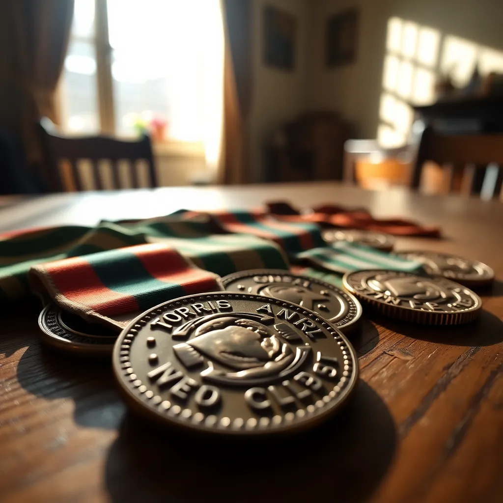 This image presents a captivating close-up of military medals displayed on a weathered oak table, showcasing their intricate designs and craftsmanship. Soft afternoon light bathes the medals, creating a warm and inviting atmosphere while emphasizing their golden hues against muted greens. The shallow depth of field expertly isolates the medals, allowing the viewer to appreciate the detailed textures and history they represent. An off-centered composition adds a touch of dynamic visual interest to this tribute to military honor.
