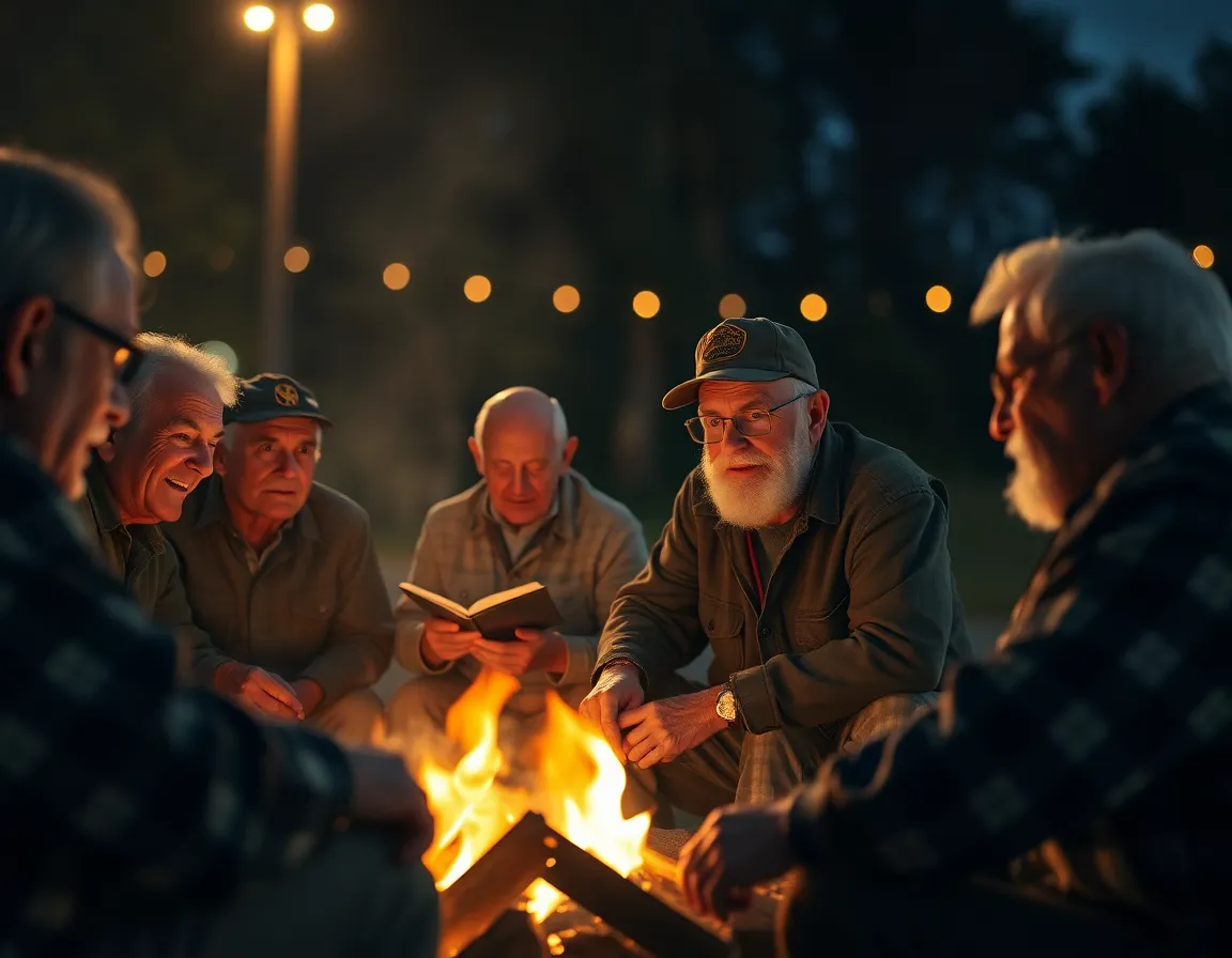 An intimate scene of veterans gathered around a warm fire during a military reunion, sharing stories and memories. The flickering firelight creates a cozy atmosphere, illuminating their aged faces with rich textures and character. With a shallow depth of field, the background softly blurs into a dreamy bokeh of the night sky, enhancing the nostalgic mood. Warm golden tones permeate the image, inviting viewers to feel the camaraderie and shared history among these soldiers.