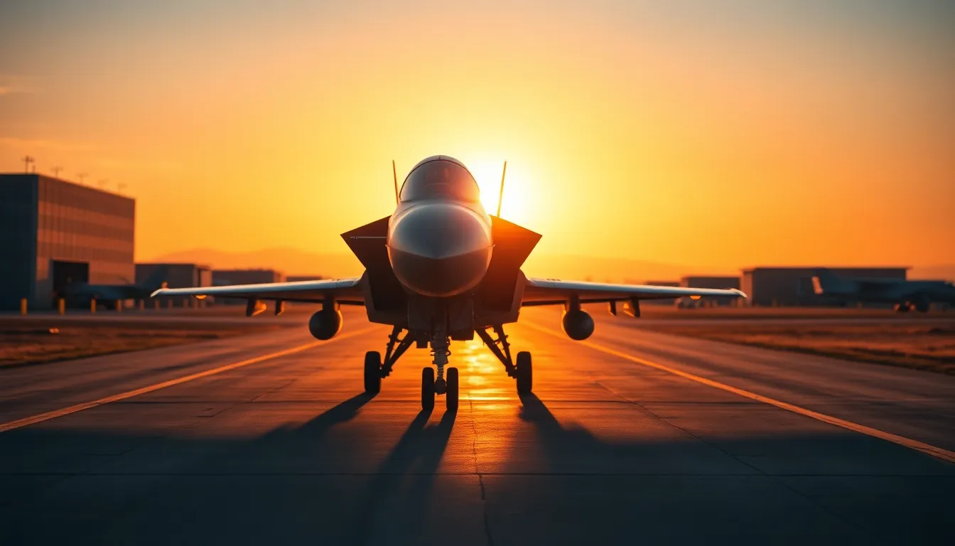 This image captures a military base during golden hour, with warm sunlight illuminating the concrete structures. The soft focus on the wildflowers in the foreground contrasts beautifully with the robust base, creating a harmonious balance. The muted earth tones lend an organic feel, making the militaristic architecture seem less imposing against the natural scene. Shadows cast by the structures create dramatic lines across the frame.