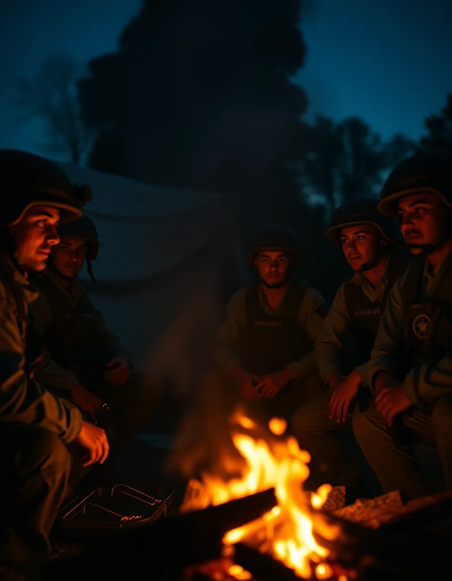 This intimate image portrays soldiers gathered around a campfire at twilight, with flickering firelight creating a warm ambiance. The shadows dance on their faces, revealing their engaged expressions and hinting at stories being shared. The shallow depth of field enhances the emotional connection, focusing on their camaraderie during a moment of respite. The warm color palette evokes feelings of warmth and togetherness amidst the challenges of military life.