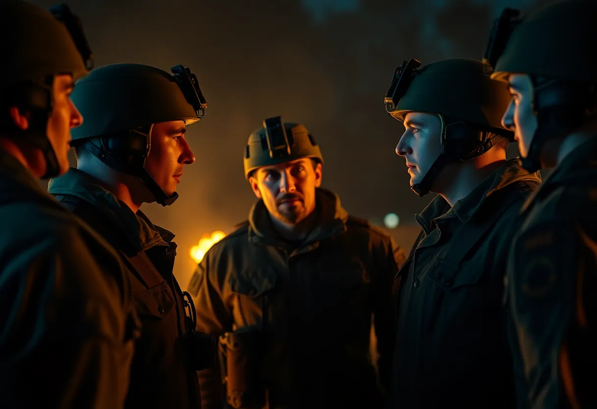 A powerful image depicting soldiers gathered around a campfire, engaged in serious discussion. The warm glow of the fire highlights their expressions and military gear, creating an intimate feeling amidst the darkness. With a rich teal and orange color grading, the contrasting tones emphasize the camaraderie and tension of the scene. This photorealistic capture conveys the unity and resilience of military personnel in a challenging environment.