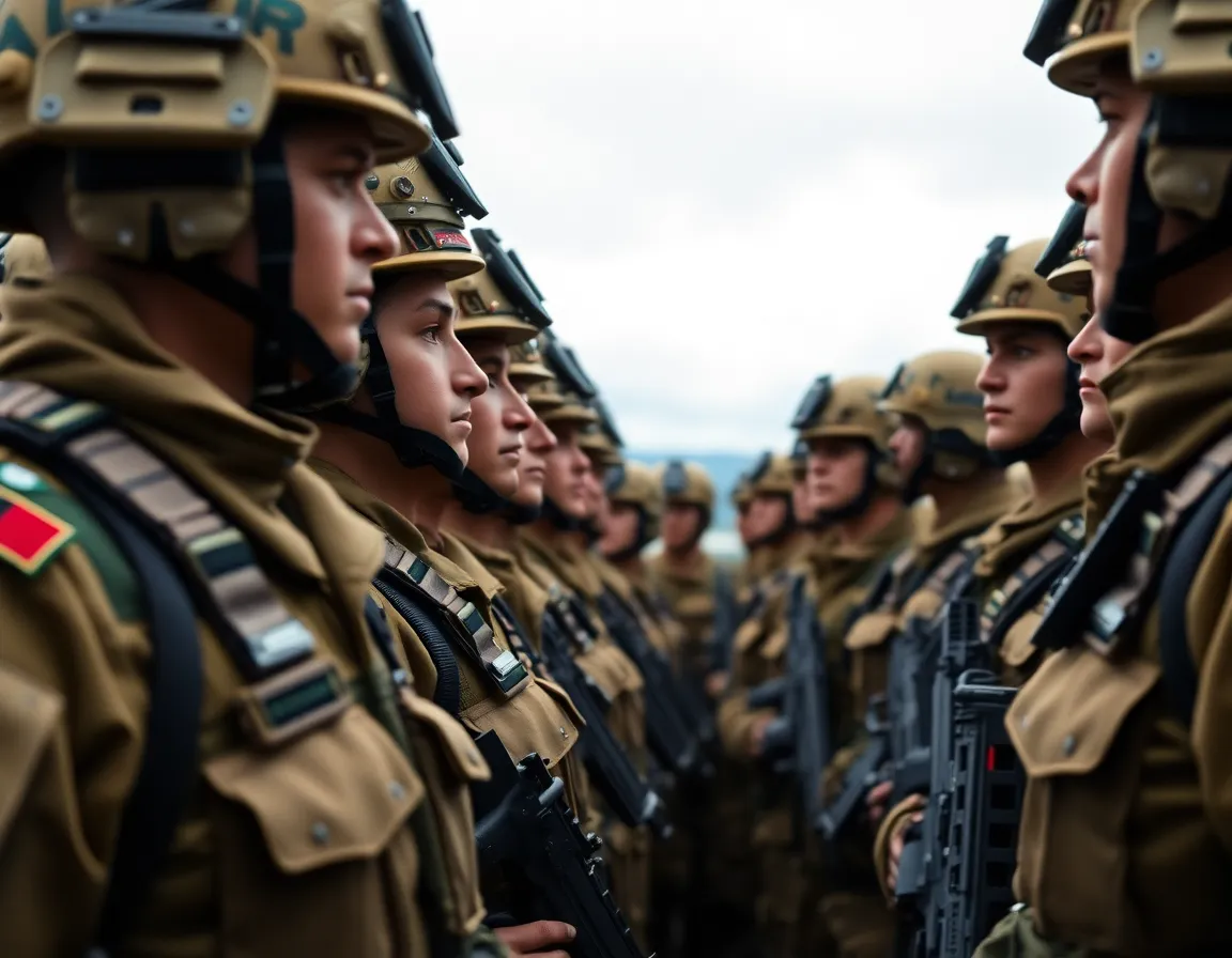 The image captures a group of soldiers standing in perfect formation at a military base under an overcast sky. The soft diffused light brings out warm skin tones in their uniforms, enhancing the human element within the militaristic setting. The symmetrical composition emphasizes their unity, while hyperfocal clarity showcases the intricate textures of their tactical gear. This powerful depiction speaks to discipline and camaraderie.
