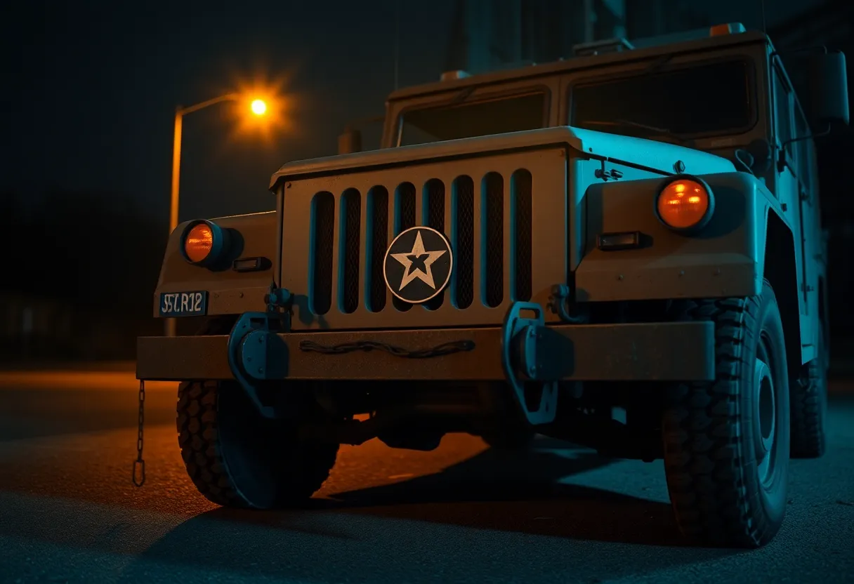 Military Vehicle at Dusk with Dramatic Lighting This captivating image features a military vehicle parked under the soft glow of a warm tungsten lamp during dusk. The intricate details of the vehicle's emblem and rugged metal surface are highlighted against the deepening shadows. The shallow depth of field draws attention to the vehicle, while the cinematic teal and orange color grading adds a dramatic flair to the scene. Overall, this photograph conveys the strength and reliability of military machinery.