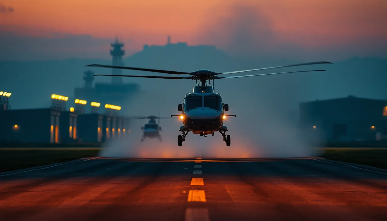 A helicopter ascends into the evening sky from a military base, surrounded by the warm glow of tungsten lights. The image captures the moment with dramatic intensity, showcasing the sleek aircraft against a blurred backdrop of hangars. Leading lines of the runway guide the viewer’s perspective, while the texture of the asphalt adds depth. The rich teal and orange tones of the scene evoke a cinematic feel, emphasizing the action.