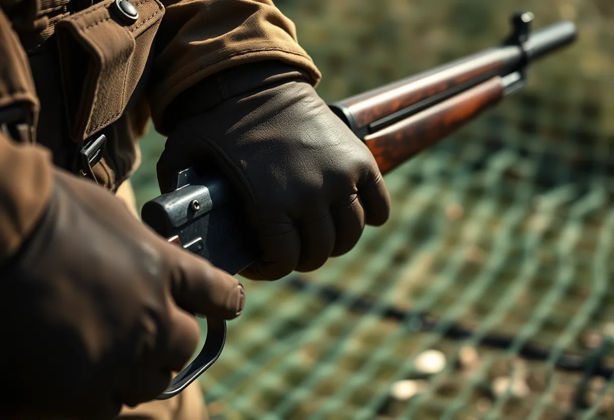 This close-up image focuses on a soldier's hand gripping a weathered rifle, embodying the precision and readiness of military life. The stark lighting casts dramatic shadows, enhancing the textures of the rifle and gloves, while the blurred background of camouflage netting adds depth. The muted greens and browns create a gritty, authentic feel, perfect for conveying the intensity of military service. This striking composition isolates the soldier's hand, emphasizing their role and the importance of their equipment.