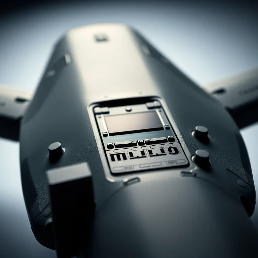 This close-up image showcases the sophisticated control panel of a military drone. Soft studio lighting highlights the precise details and textures, creating an intimate look at modern technology. The muted color palette underscores the seriousness of military applications while the shallow depth of field draws attention directly to the intricate controls. This image represents the intersection of technology and precision in military operations.