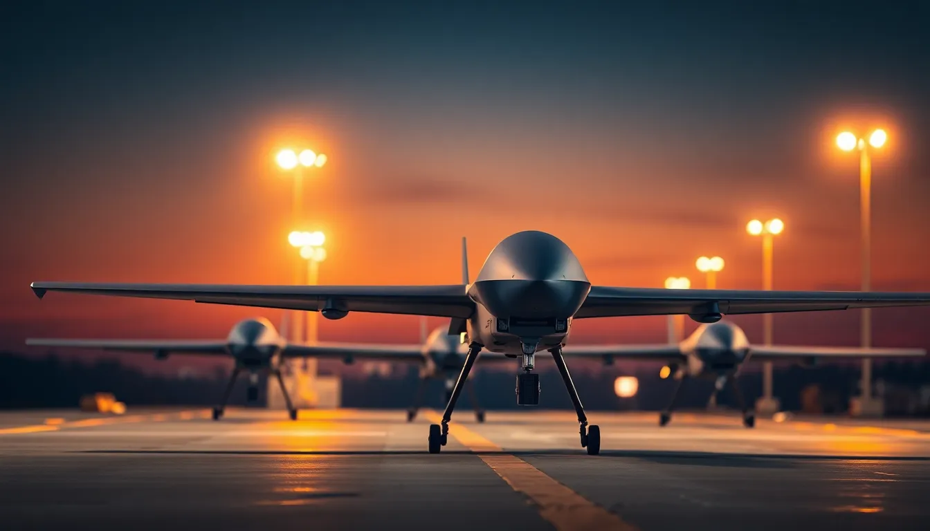 This dynamic image captures a fleet of military drones poised for takeoff against an evening sky. Shot with a shallow depth of field, the drones stand out crisply against a beautifully blurred background, while warm tungsten lighting creates an atmosphere of anticipation. The colors shift from warm oranges at the horizon to deep navy blues overhead, symbolizing the transition from day to night. The composition utilizes leading lines from the launch pad, drawing the viewer’s eye towards the high-tech aircraft, portraying a sense of readiness and action.