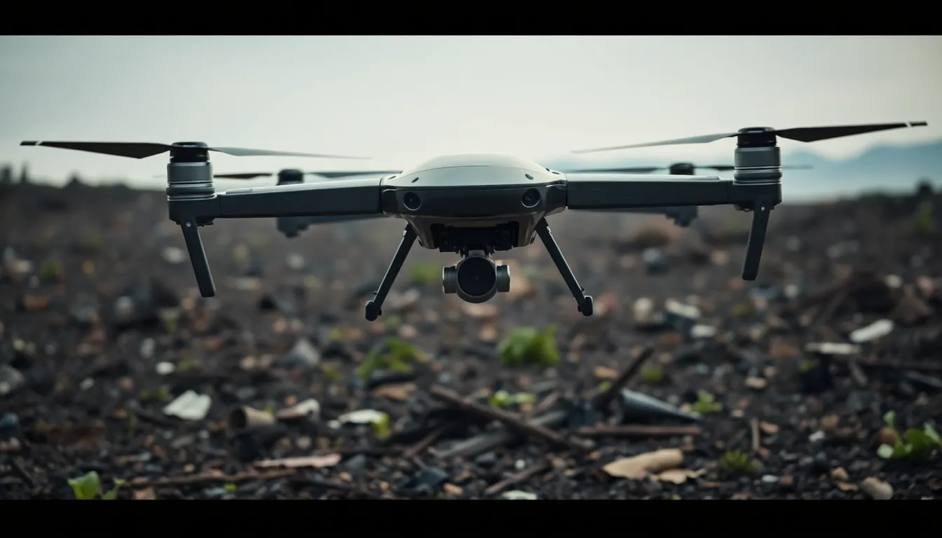 This image depicts a cutting-edge military drone hovering silently over a devastated landscape. The muted earth tones and soft lighting create a somber mood, enhancing the contrast between technology and destruction. The sharp focus on the drone reveals the intricate details of its construction, set against a blurred background of war debris. The composition's leading lines guide the viewer's gaze, amplifying the scene's intensity.