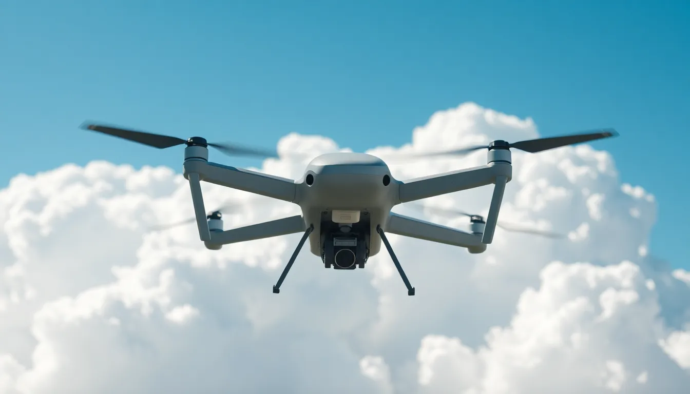 This striking image depicts a high-altitude military drone gracefully flying through a clear blue sky. The sleek design of the drone contrasts beautifully with the white, billowing clouds around it. Captured in bright, diffused daylight, the colors are vibrant, emphasizing the technology's metallic sheen. The composition draws the eye upwards, enhancing the theme of surveillance and tactical advantage in an expansive atmosphere.