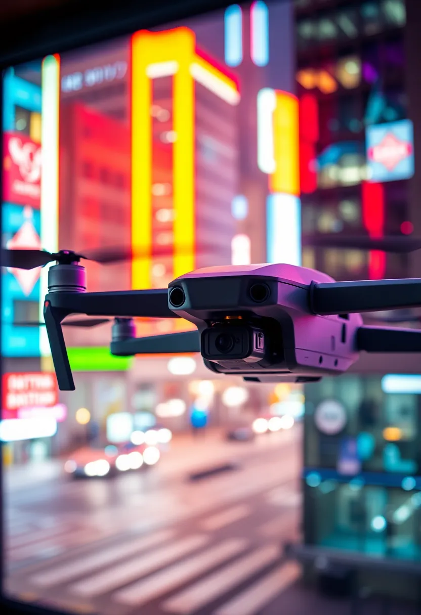 This striking image depicts a high-tech military drone being operated amidst a bustling urban environment at night. The dramatic neon lights reflect off the drone's sleek surface, highlighting its advanced technology. The selective focus enriches the scene, guiding the viewer's attention to the drone while the city lights become a colorful backdrop. The composition evokes a sense of high-stakes operations within a vibrant city.