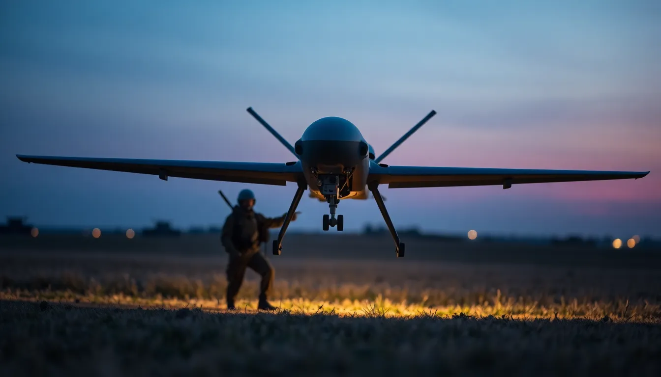 Drone Launch at Dusk This evocative image portrays a military drone being launched from an open field during twilight. The soft ambient light casts a serene yet dynamic mood, with deep blue and purple hues dominating the scene. A shallow depth of field isolates the launch mechanism, capturing the intricate details of the drone. The centered composition draws the viewer into this moment of action under a tranquil sky, highlighting the contrast between technology and nature.