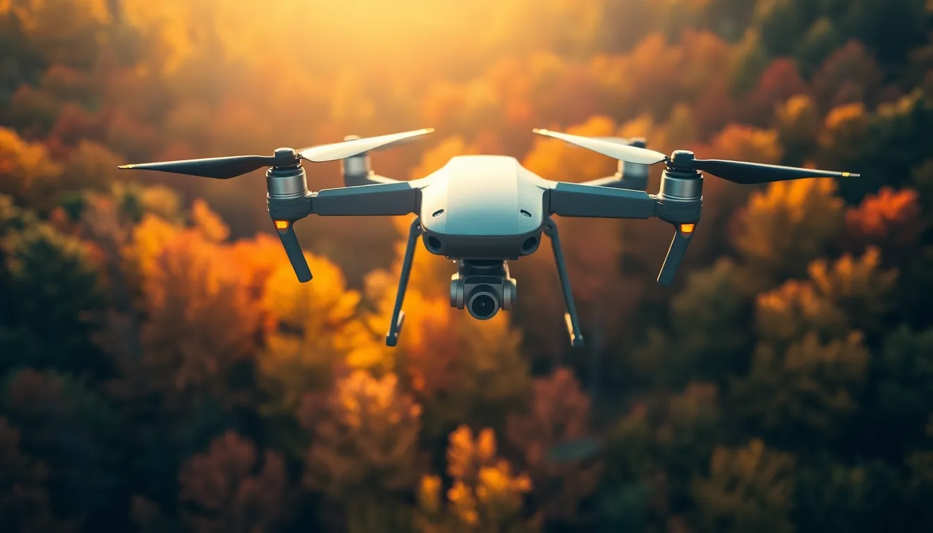 In this captivating aerial perspective, a military drone surveys a dense forest adorned in vibrant autumn colors. Shot during the golden hour, the natural light enhances the richness of the reds, oranges, and yellows below, creating a stunning visual contrast with the sleek body of the drone. The shallow depth of field keeps the focus on the drone, beautifully blurring the colorful foliage beneath. This composition emphasizes the drone's aerial prowess and its role in reconnaissance over natural terrains during the fall season.