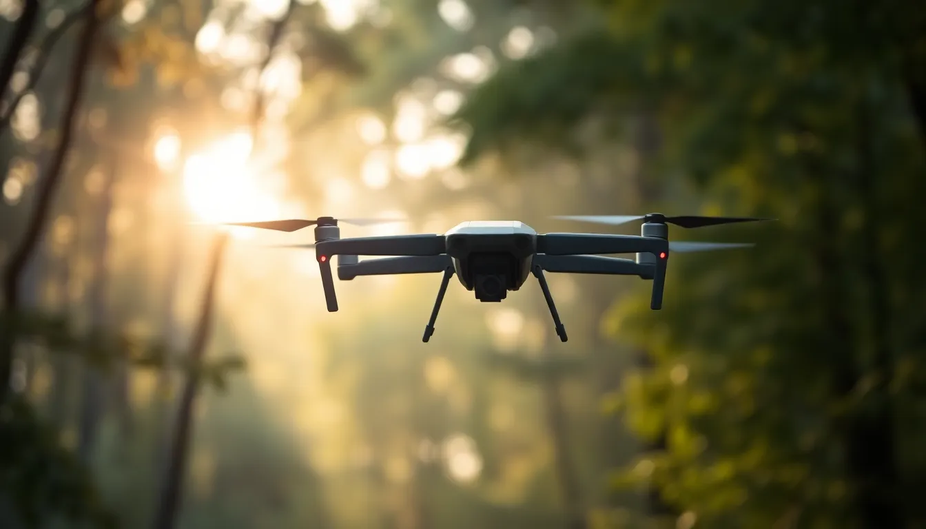 This serene image captures a military drone conducting surveillance over a lush forest at dawn. The soft morning light casts a warm glow on the scene, creating a tranquil yet vigilant atmosphere. The shallow depth of field ensures the drone remains the focal point, while the background blurs into soft, painterly bokeh. The centered composition allows the viewer to appreciate both the drone's advanced technology and the beauty of the natural environment surrounding it.