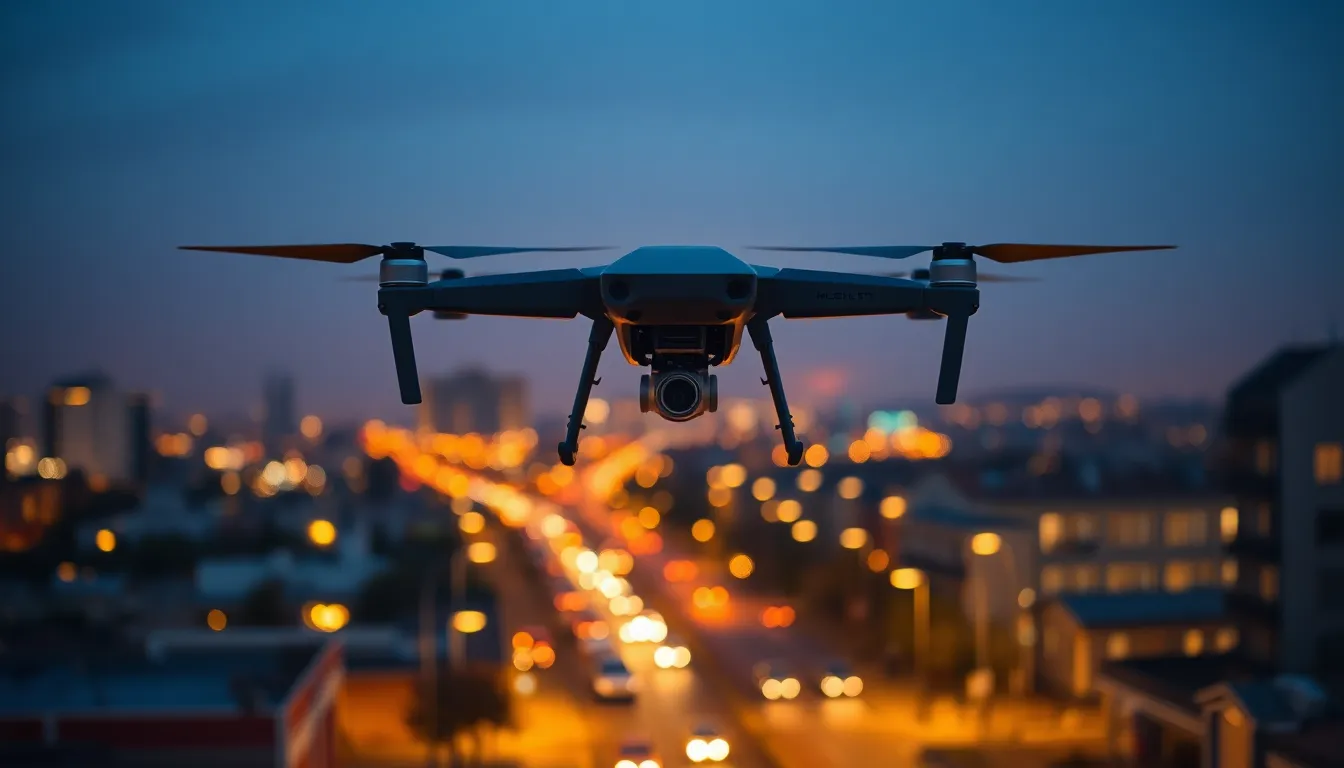 This atmospheric image captures a military drone conducting surveillance over a sprawling urban landscape at twilight. The soft glow of streetlights enhances the mood, while the drone's sharp details stand out against beautifully blurred city lights. A shallow depth of field adds a dreamy quality to the scene, with deep blues and warm golds reflecting the transition from day to night. The leading lines of the streets guide the viewer’s eye towards the drone, making it a captivating piece for military or urban themes.