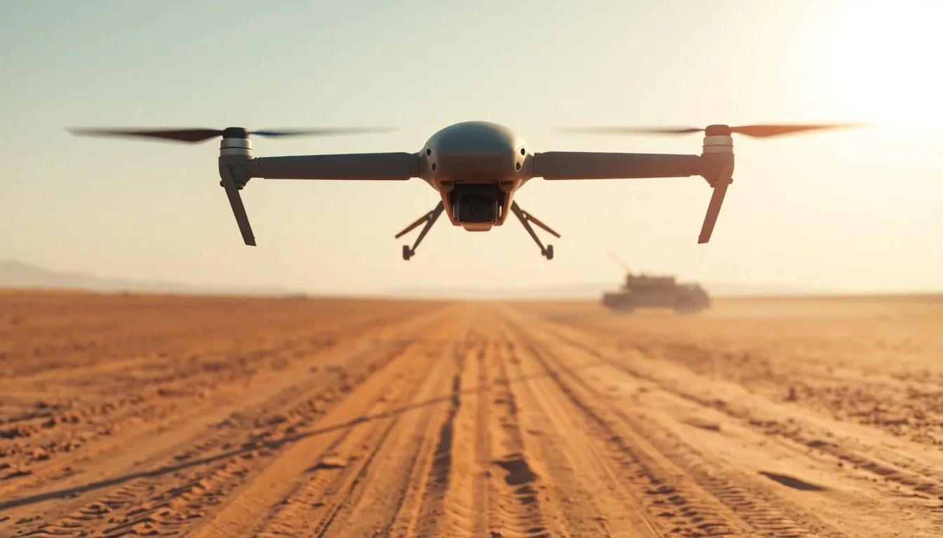 This dramatic image captures a military drone cruising over a desert battlefield, highlighting its operational capabilities in challenging environments. The harsh noon sunlight creates a stark contrast between the sandy terrain and the drone's sleek design. The hyperfocal depth of field ensures clarity across the entire scene, emphasizing the drone's function amidst the rugged landscape. With leading lines guiding the gaze toward the horizon, this composition conveys a dynamic sense of action.