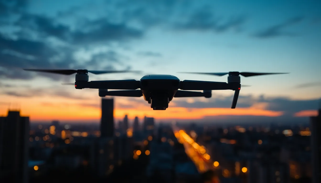 Dusk Surveillance: Military Drone Over City