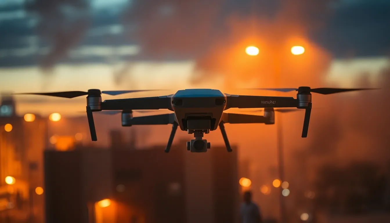 This dynamic image depicts a military drone soaring through a smoky urban landscape at twilight. The contrasting colors of deep blues and vibrant oranges create a vivid backdrop as streetlights reflect off the drone’s surface. The atmospheric smoke adds a layer of intrigue and tension, enhancing the overall dramatic effect. With the drone artfully positioned using the rule of thirds, this photograph captures the essence of modern military operations in an urban setting.