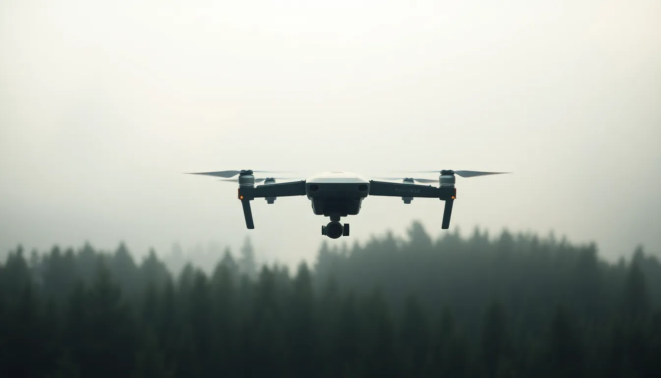 This serene image captures a military drone hovering over a dense forest enveloped in early morning fog, highlighting its capability for surveillance in concealed environments. The soft, diffused natural light creates an ethereal mood as light filters through the mist. The shallow depth of field draws attention to the drone while the forest background blurs into a tranquil scene. The cool greens and grays contribute to the overall peaceful yet functional ambiance.