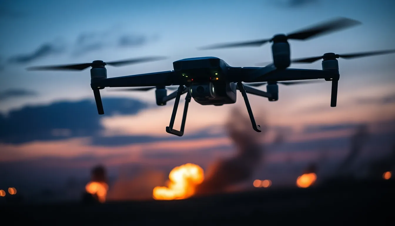 Drone Over Battlefield at Dusk This captivating image features a military drone hovering over a battlefield at dusk, enveloped in a haunting atmosphere. The twilight colors create a striking backdrop of deep blues and fiery oranges, highlighting the tension of the moment. A shallow depth of field offers an ethereal quality, with the drone in sharp focus as it navigates the chaos below. Centered in the frame, the drone stands as a symbol of modern warfare against a dramatic, smoky horizon.