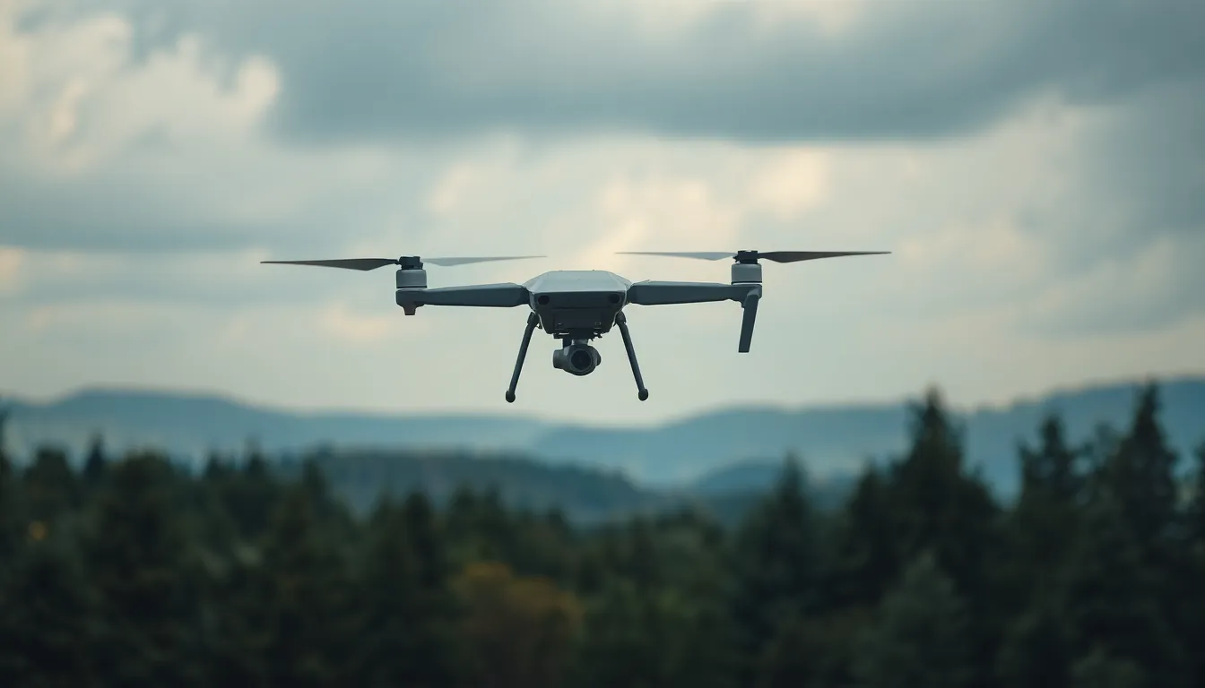 This stunning image features a military drone conducting an aerial reconnaissance mission over lush forests and distant hills. The soft, diffused light creates a serene atmosphere, yet the muted color palette emphasizes the gravity of the mission. The hyperfocal depth of field ensures sharpness throughout the landscape, enhancing the sense of height and perspective. Leading lines from the forest draw the viewer’s gaze toward the drone, highlighting its role in surveillance.