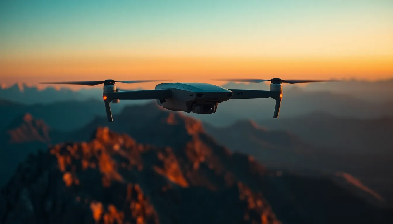 In this captivating shot, a military drone glides over a dramatic mountainous landscape during dusk. The warm golden hour light caresses the rugged peaks, providing a striking contrast to the shadowy valleys below. Shot with a telephoto lens, the focus remains on the drone, showcasing its formidable presence in this vast natural setting. The cinematic color grading of teal and orange adds to the dramatic atmosphere, creating a compelling visual narrative of surveillance in challenging environments.