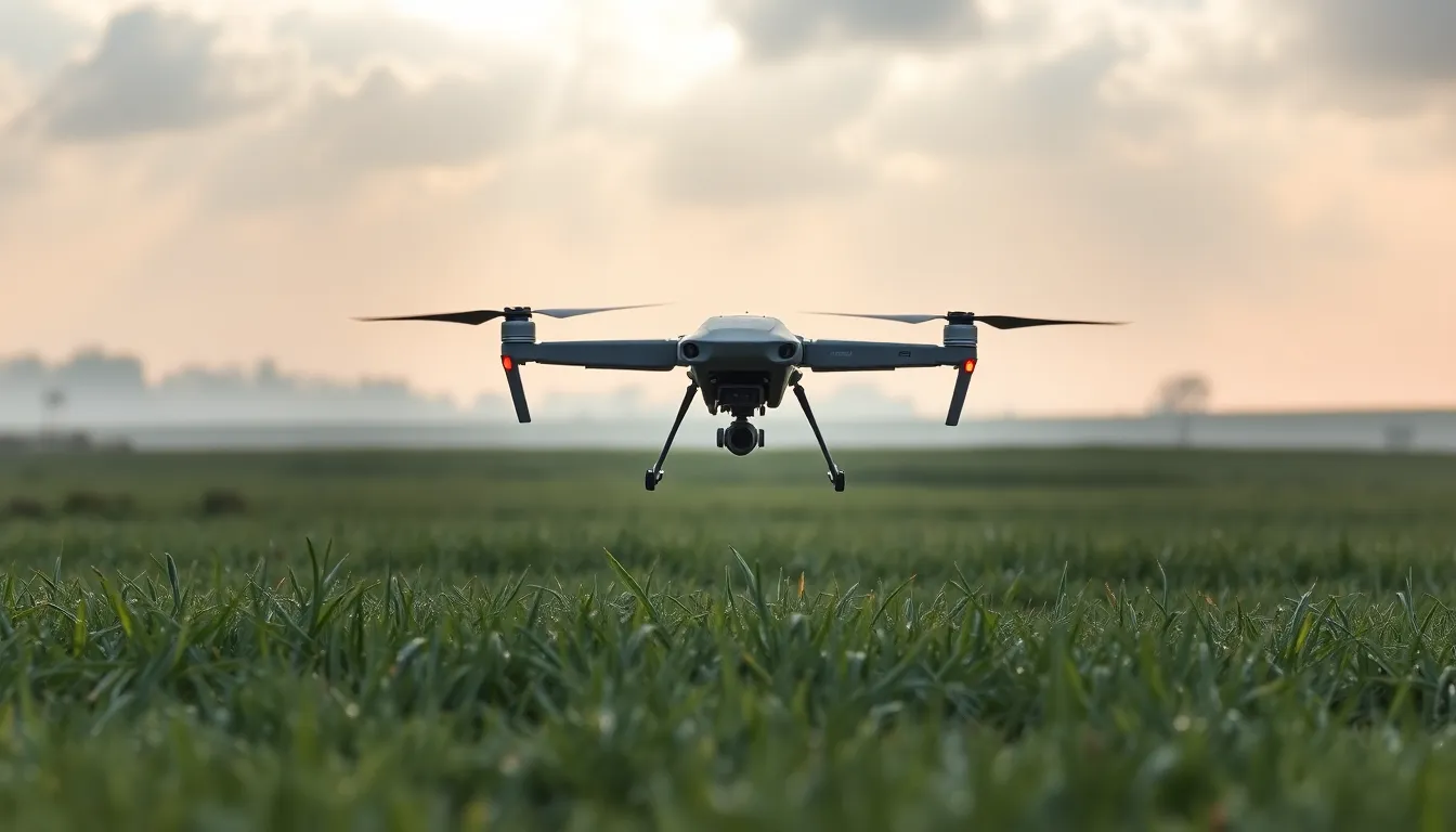 This tranquil image depicts a military drone landing gently on a dew-kissed grass field during the serene morning hours. Soft light filtering through the clouds creates a peaceful atmosphere, enhancing the natural colors of the landscape. With a focused depth of field, both the drone and the grassy field are captured in detail. The composition effectively uses the rule of thirds, positioning the drone off-center, inviting viewers into the tranquil scene, making this a suitable choice for military and nature-related content.