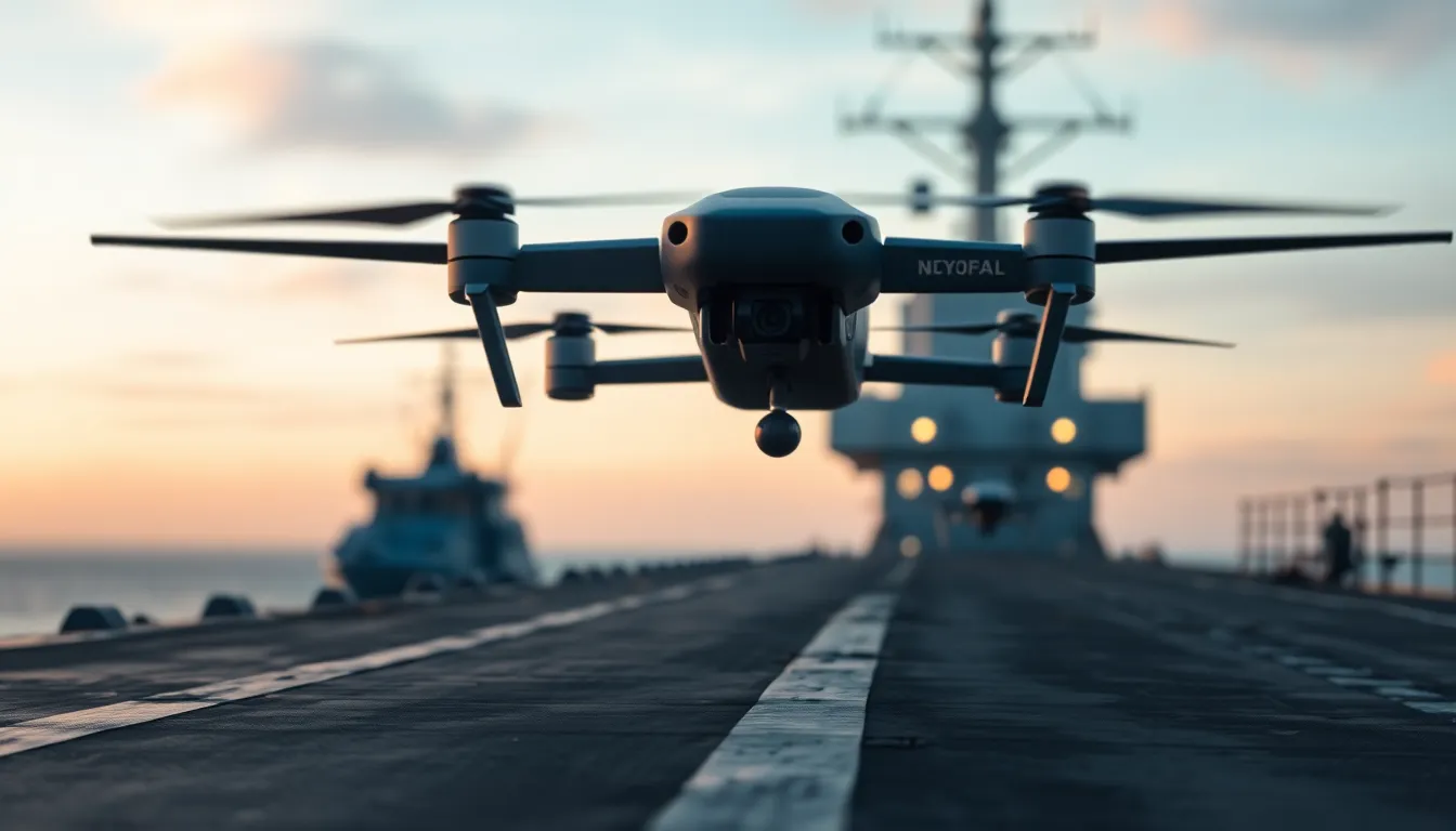 In this serene image, a military drone is captured at the moment it launches from a naval ship during dawn. The soft, pastel colors of the early morning sky contrast beautifully with the ship’s industrial materials. The shallow depth of field draws attention to the drone, encapsulating its powerful ascent. This scene conveys a sense of precision and readiness within military operations.