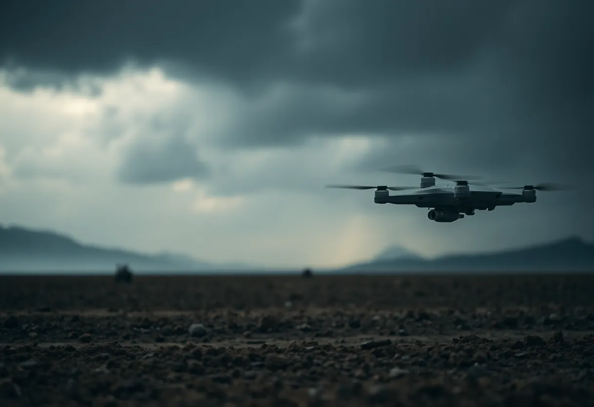 Military Drone in Stormy Battlefield