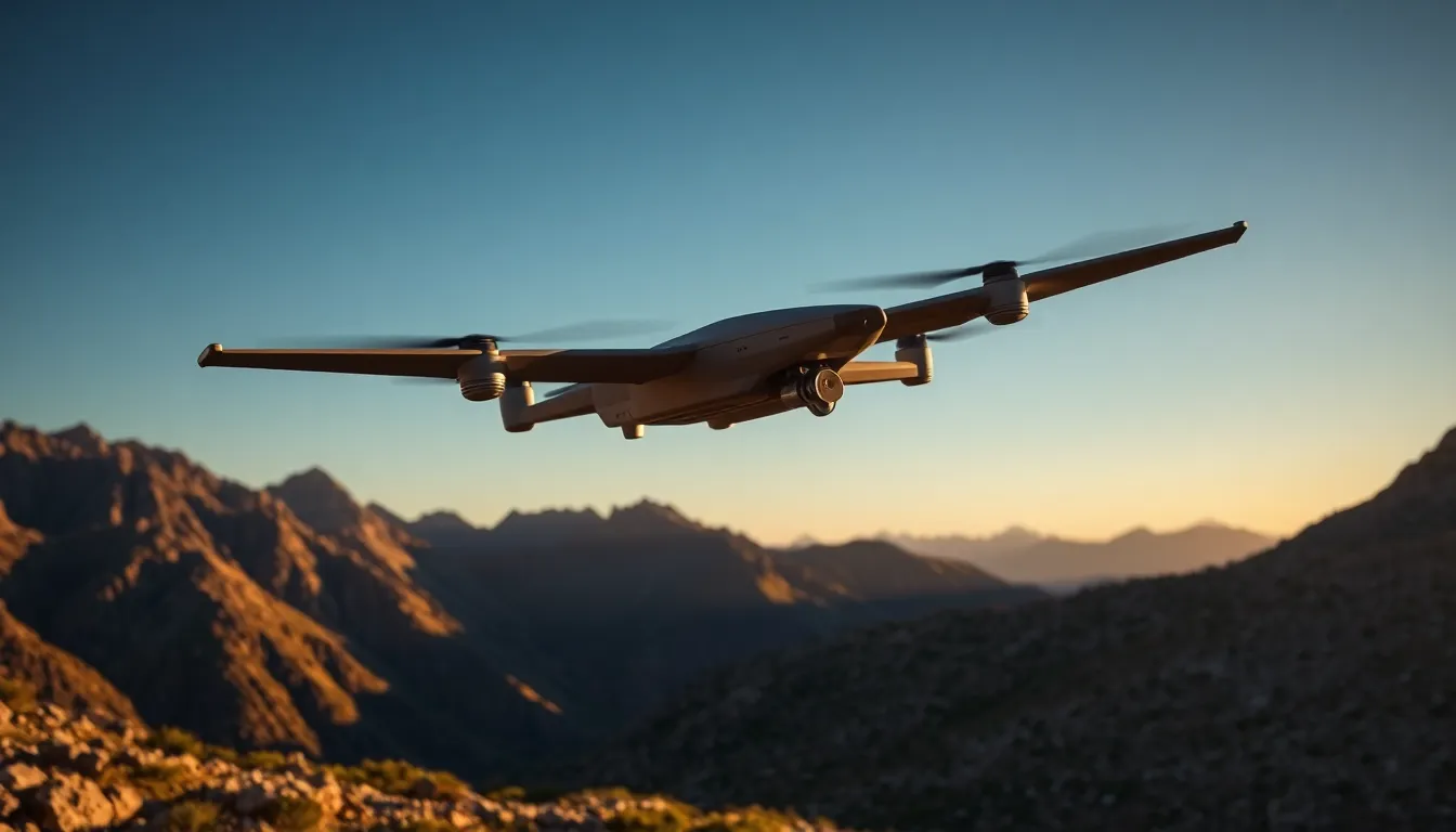 Military Drone Over Mountains at Sunset