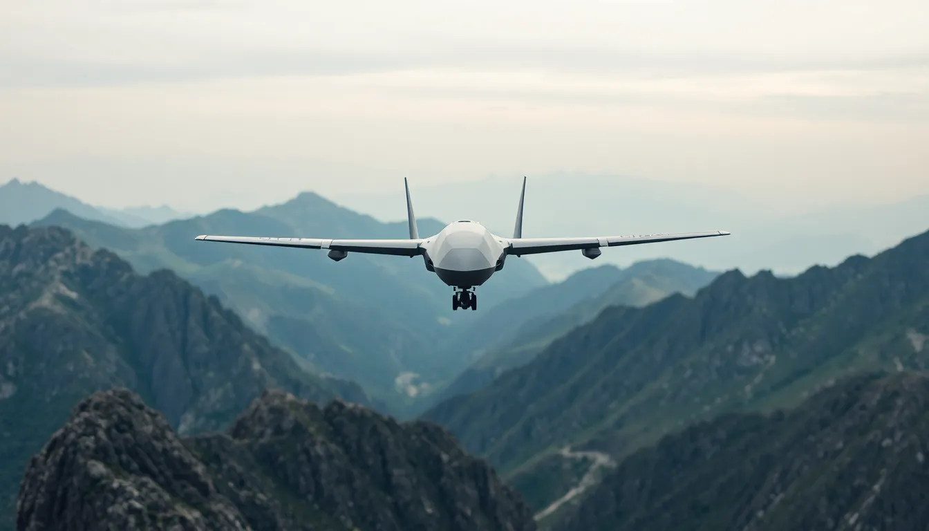 A striking image of a military drone soaring above a rugged mountain range, captured at high altitude. The drone stands in sharp focus against a backdrop of soft, blurred peaks, evoking a sense of surveillance and precision. Muted earth tones dominate the scene, reflecting the overcast sky and enhancing the rugged terrain's texture. This powerful composition emphasizes the drone's advanced technology in stark contrast to the natural beauty below.