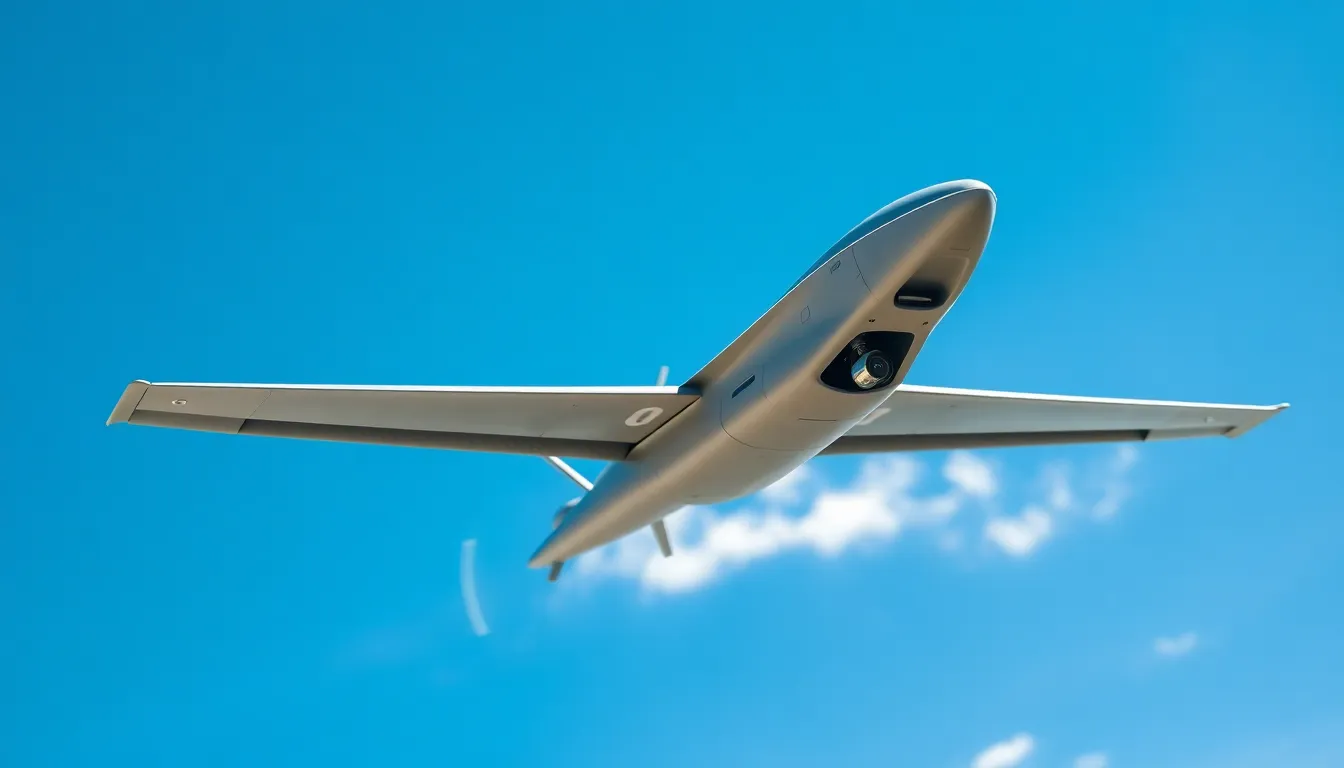 Military Drone in Clear Blue Sky This image showcases a military drone flying high in a vibrant blue sky, captured midday with sharp detail. The sunlight reflects off its metallic surface, emphasizing its modern technology. Positioned within the upper third of the frame, the drone contrasts against soft clouds, enhancing the feeling of altitude and power. The cool color palette further highlights its advanced design and purpose.