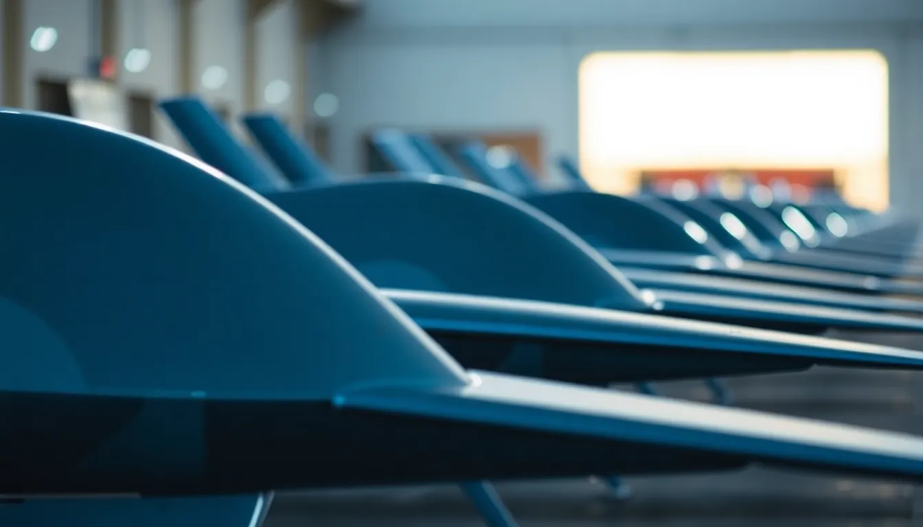 This captivating image shows a lineup of military drones at a base, meticulously prepared for inspection. The bright lighting and soft shadows enhance the textures of the drones, emphasizing their metallic surfaces. The narrow depth of field creates a pleasing bokeh effect in the background, further focusing attention on the drones. The composition effectively uses the rule of thirds, making the scene dynamic and engaging.
