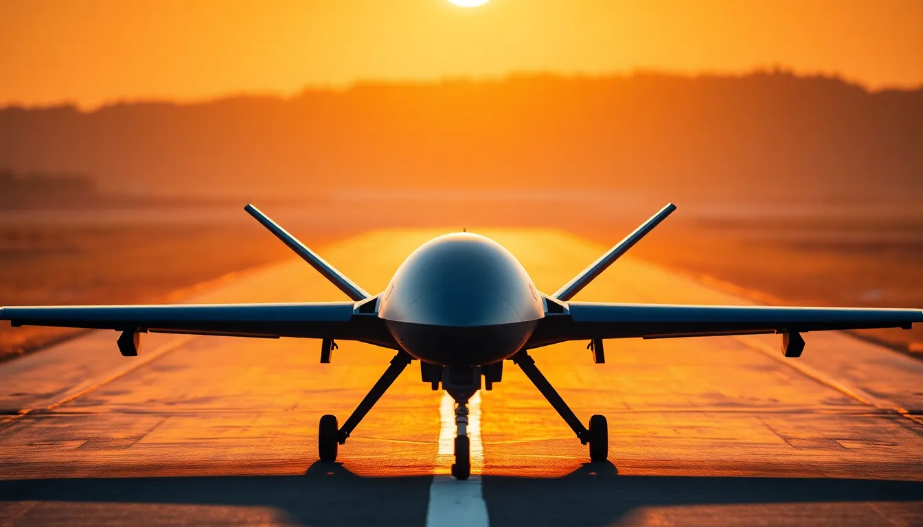 This striking image captures a tactical military drone poised for launch on a runway during golden hour. The warm backlighting accentuates the drone's sleek design, while long shadows create depth and contrast. The hyperfocal focus ensures clarity throughout the scene, showcasing the intricate details of both the drone and the environment. The central composition highlights the drone's importance in modern warfare, set against a stunning sunset.
