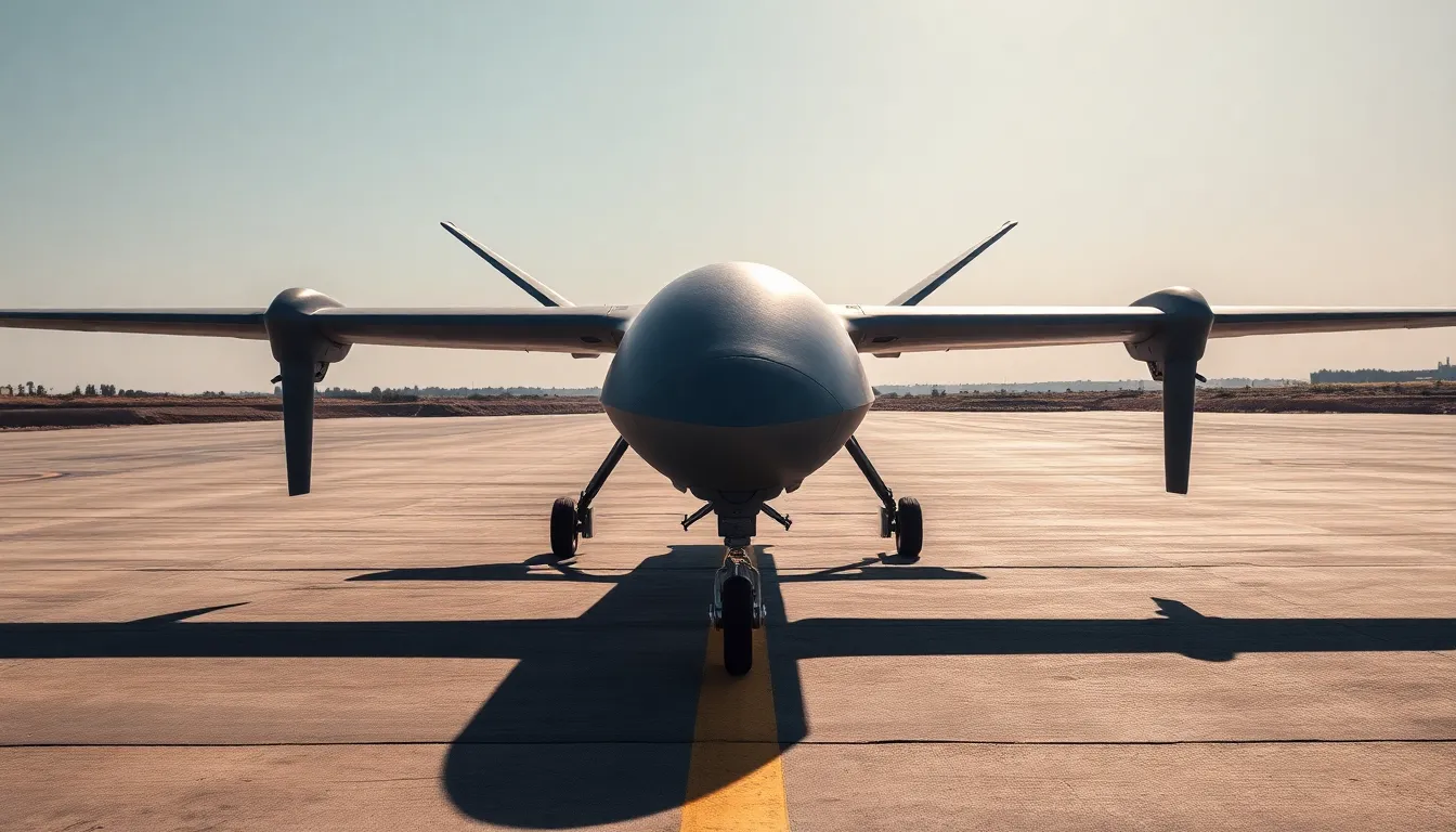 This image presents a sophisticated military drone poised on a stark concrete runway under bright midday sunlight. The strong shadows highlight the intricate details on the drone's surface, emphasizing its robust design and technological sophistication. The muted color palette mirrors the industrial setting, creating a serious and commanding mood. This symmetrical composition draws the viewer’s attention directly to the aircraft, underscoring its significance in military operations.