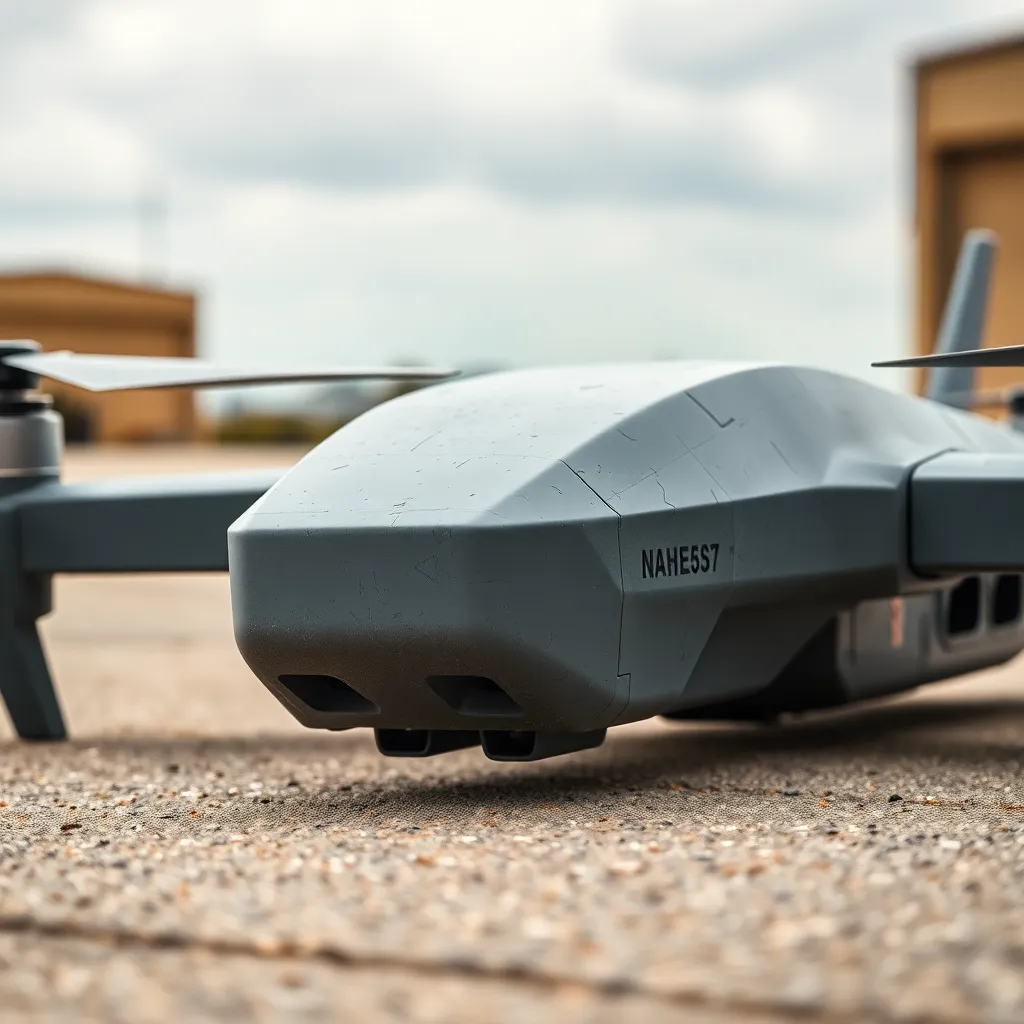 This hyper-detailed close-up image features a military surveillance drone positioned on a rough concrete surface at a military base. Captured with a macro lens, the intricate textures of the drone are vividly displayed, including metallic hues and minor scratches that tell the story of its usage. Bright daylight enhances the details, while the muted color palette reflects the industrial environment. The composition draws attention directly to the drone, highlighting its importance in modern military operations.