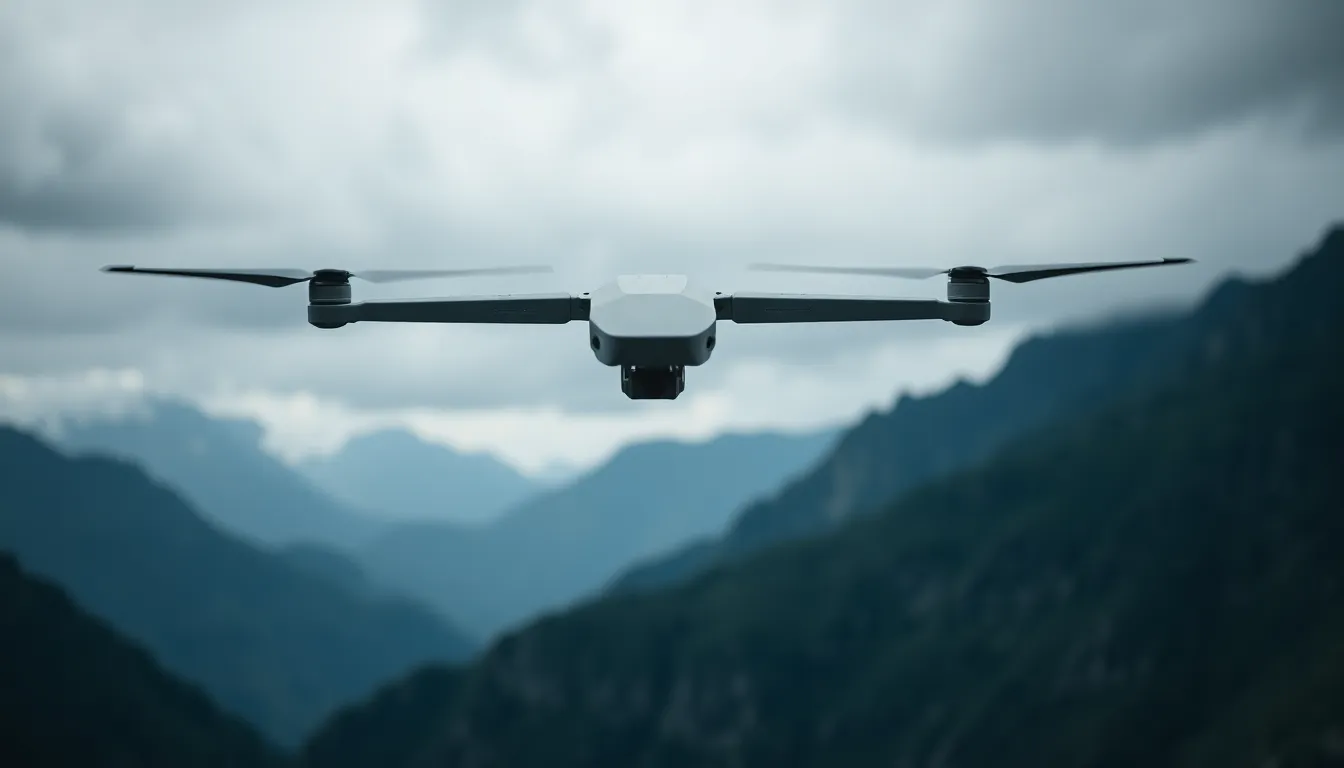 This dramatic image features an armed military drone soaring through high-altitude mountain ranges under stormy skies. The selective focus highlights the drone, while the blurred background creates a sense of depth and scale. The vibrant colors reminiscent of Fujifilm Velvia add intensity to the scene, enhancing the rugged beauty of the landscape. The diagonal composition conveys motion and urgency, reflecting the drone's purpose in surveillance and defense.