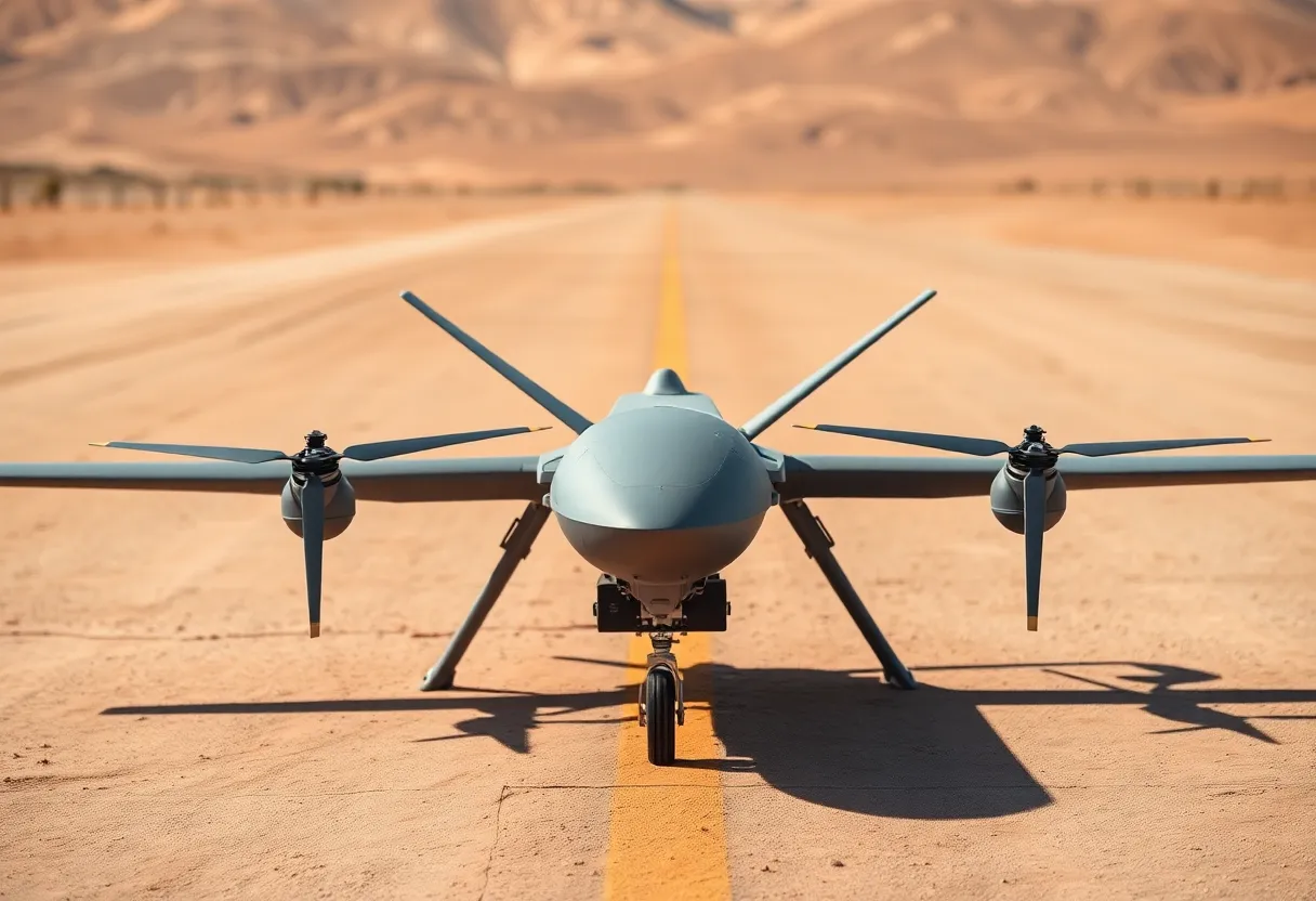 This compelling image presents an armed military drone stationed on a barren desert airstrip. The strong daylight creates stark contrasts, highlighting the intricate details of the drone’s architecture. The muted earth tones of the desert ground enhance the ruggedness of the scene, providing a striking backdrop that emphasizes the drone’s strength and capability in military operations.