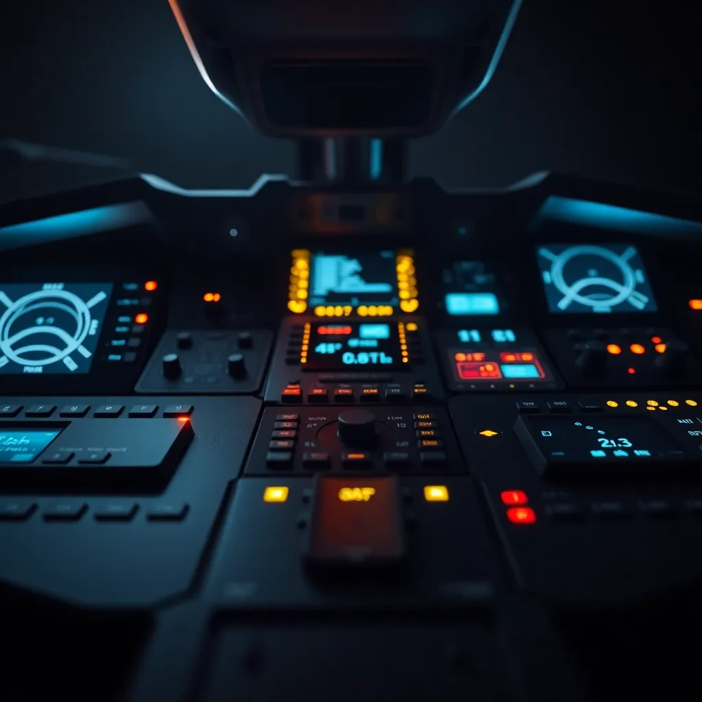 This close-up image showcases the intricate control panel of a military drone, featuring illuminated buttons and displays. The high-contrast lighting brings out the textures of the panel, emphasizing its advanced technology. Shades of gray and blue dominate the scene, creating a serious and high-tech mood. The shallow depth of field provides a dramatic effect, drawing the viewer's attention to the details of the controls, making it an excellent choice for technology and military-themed content.