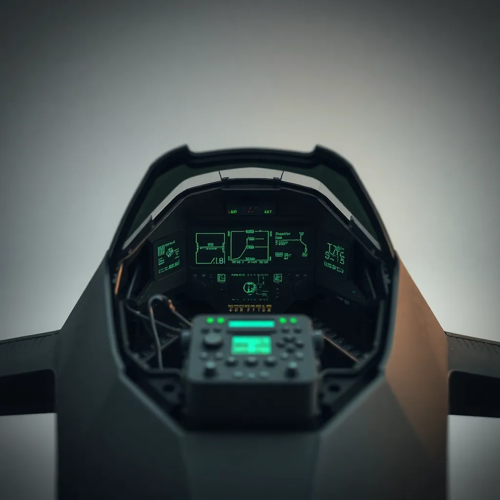 Close-Up of Military Drone Cockpit This macro shot provides an intimate look at a military drone's cockpit, revealing its advanced technology and controls. The dramatic studio lighting accentuates the sleek surfaces and intricate details, while muted grays and greens enhance the industrial aesthetic. The sharp focus on the cockpit combined with a soft background invites viewers to appreciate the complexity of military technology. A well-balanced composition places emphasis on functionality and design.