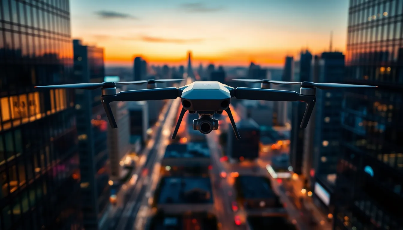 This captivating image features a military drone surveying an urban skyline at dusk, perfectly showcasing its role in modern surveillance. The reflective glass buildings glow with a mixture of warm and cool city lights, creating a striking contrast with the drone's sleek design. With a shallow depth of field, the drone stands prominently against a beautifully blurred city backdrop. The composition balances the technological element with a vibrant city atmosphere.